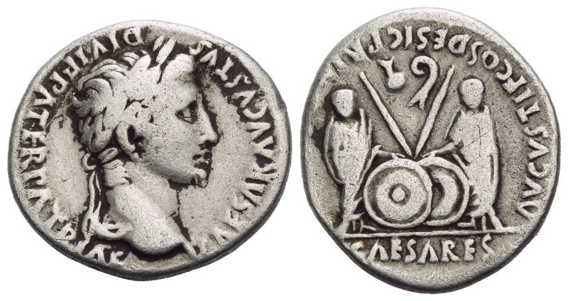 Octavian as Augustus, 27 BC – 14 AD Denarius Lugdunum 2 BC - 4 AD, AR 19.00 mm.,...