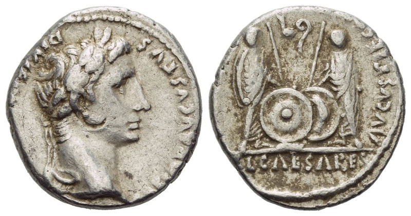 Octavian as Augustus, 27 BC – 14 AD Denarius Lugdunum 2 BC - 4 AD, AR 17.00 mm.,...