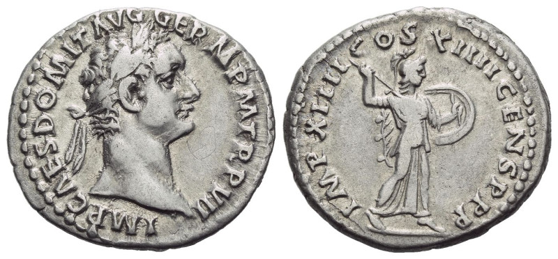 Domitian, 81-96 Denarius Rome 88, AR 19.00 mm., 3.31 g.
Laureate head r. Rev. M...