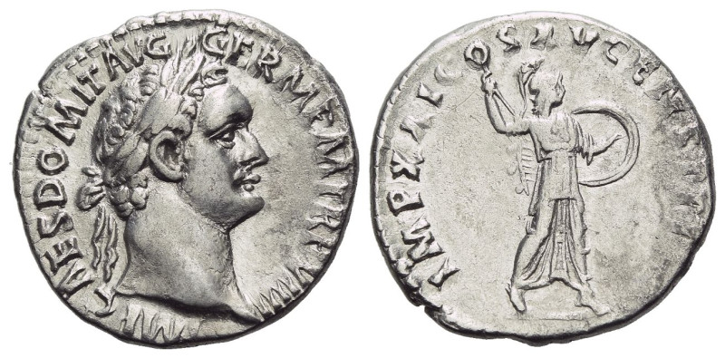 Domitian, 81-96 Denarius Rome 90, AR 18.00 mm., 3.12 g.
Laureate head r. Rev. M...
