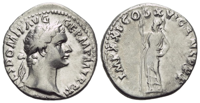 Domitian, 81-96 Denarius Rome 92, AR 18.00 mm., 3.15 g.
Laureate head r. Rev. M...
