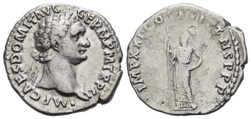 Domitian, 81-96 Denarius Rome 92, AR 20.00 mm., 3.35 g.
Laureate head r. Rev. M...