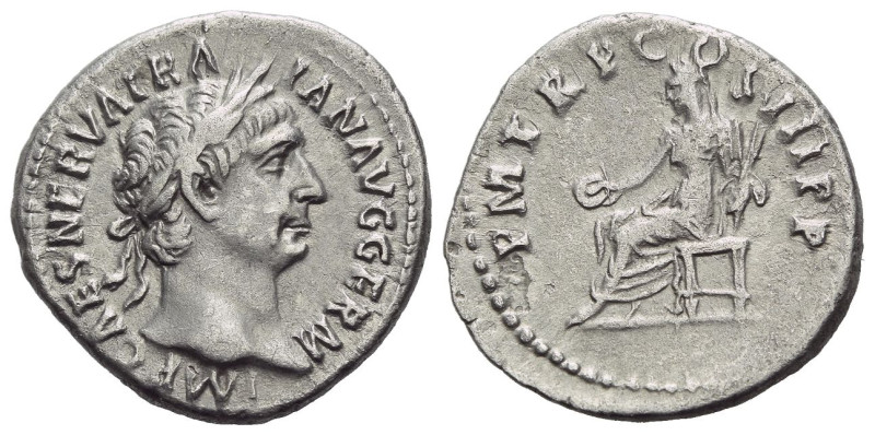 Trajan, 98-117 Denarius Rome 100, AR 19.00 mm., 3.20 g.
Laureate head r. Rev. V...