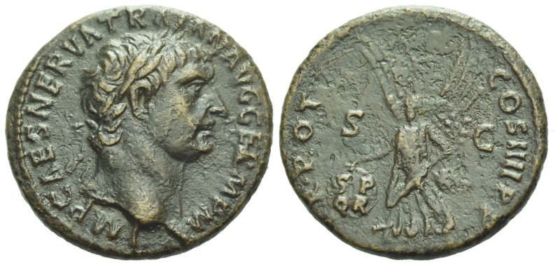 Trajan, 98-117 As Rome circa 101-102, Æ 27.00 mm., 11.44 g.
Laureate bust r. Re...