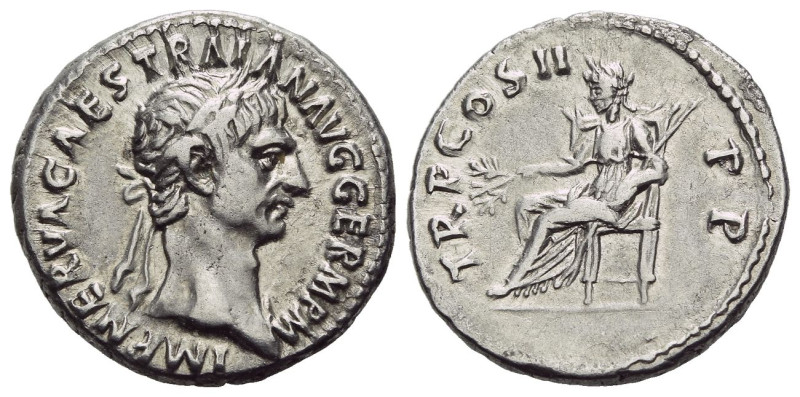 Trajan, 98-117 Denarius Rome 98, AR 18.00 mm., 3.22 g.
Laureate head r. Rev. Pa...