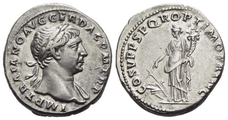Trajan, 98-117 Denarius Rome circa 107-108, AR 18.00 mm., 3.26 g.
Laureate bust...