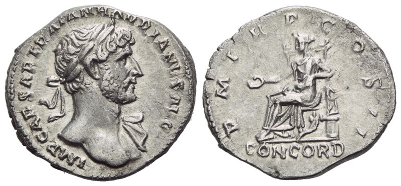 Hadrian, 117-138 Denarius Rome 117, AR 18.00 mm., 3.27 g.
Laureate bust r. with...