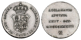 Elizabeth II (1833-1868). "Proclamation" medal. 1833. Madrid. (H-23). (Vives-751). Ag. 1,51 g. 1 real module. It retains some minor luster. XF/Almost ...