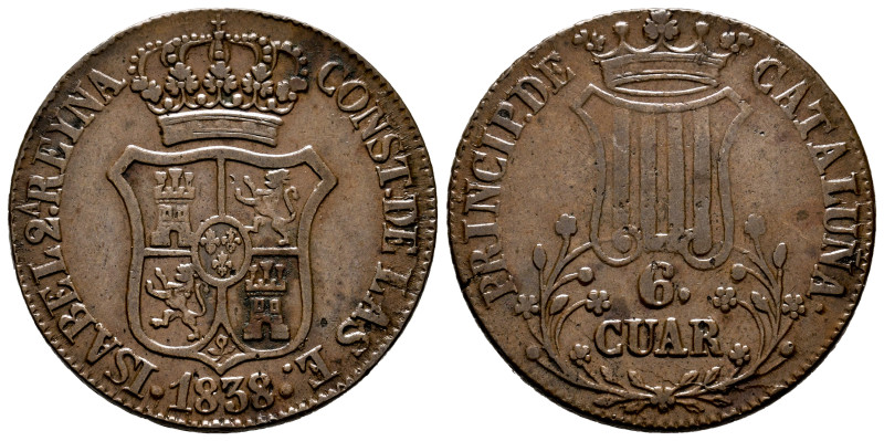Elizabeth II (1833-1868). 6 quartos. 1838. Barcelona. (Cal-18). Ae. 12,66 g. Cho...