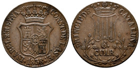 Elizabeth II (1833-1868). 6 quartos. 1838. Barcelona. (Cal-18). Ae. 12,66 g. Choice VF. Est...50,00. 

Spanish Description: Isabel II (1833-1868). 6...
