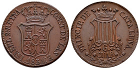 Elizabeth II (1833-1868). 6 quartos. 1839. Barcelona. (Cal-20). Ae. 14,21 g. XF. Est...90,00. 

Spanish Description: Isabel II (1833-1868). 6 cuarto...