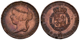 Elizabeth II (1833-1868). 25 centimos de real. 1859. Madrid. (Cal-185). Ae. 7,88 g. Non adopted trial. Nicks on edge. Cleaned. Very rare. VF/Choice VF...