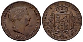 Elizabeth II (1833-1868). 25 centimos de real. 1864. Segovia. (Cal-197). Ae. 9,34 g. Minor nick on edge. Almost XF. Est...50,00. 

Spanish Descripti...
