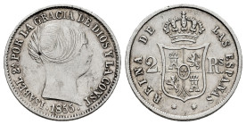 Elizabeth II (1833-1868). 2 reales. 1855. Barcelona. (Cal-347). Ag. 2,52 g. Minor nick on edge. Scarce. Choice VF. Est...100,00. 

Spanish Descripti...