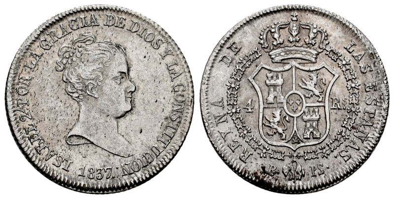 Elizabeth II (1833-1868). 4 reales. 1837. Barcelona. PS. (Cal-411). Ag. 5,58 g. ...