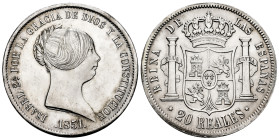 Elizabeth II (1833-1868). 20 reales. 1851. Madrid. (Cal-593). Ag. 26,21 g. Minimal hairlines. Scarce in this grade. XF. Est...300,00. 

Spanish Desc...