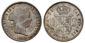 Elizabeth II (1833-1868). 10 centavos. 1868. Manila. (Cal-656). Ag. 2,60 g. Toned. Almost VF. Est...40,00. 

Spanish Description: Isabel II (1833-18...