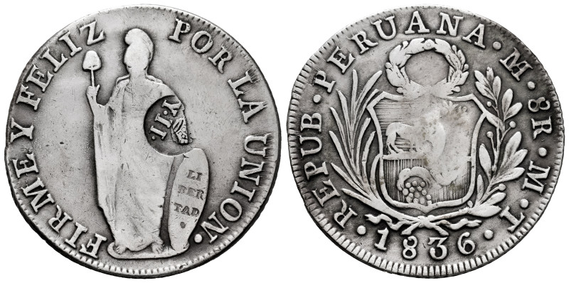 Elizabeth II (1833-1868). 8 reales. 1836. Lima. MT. (Cal-668). Ag. 26,97 g. YII ...