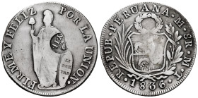 Elizabeth II (1833-1868). 8 reales. 1836. Lima. MT. (Cal-668). Ag. 26,97 g. YII crowned countermark for circulation in Manila. Cleaned. VF. Est...200,...
