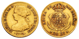 Elizabeth II (1833-1868). 20 reales. 1861. Madrid. (Cal-672). Au. 1,52 g. VF. Est...200,00. 

Spanish Description: Isabel II (1833-1868). 20 reales....