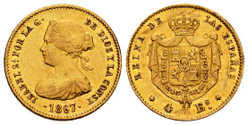 Elizabeth II (1833-1868). 4 escudos. 1867. Madrid. (Cal-691). Au. 3,35 g. Choice VF. Est...250,00. 

Spanish Description: Isabel II (1833-1868). 4 e...