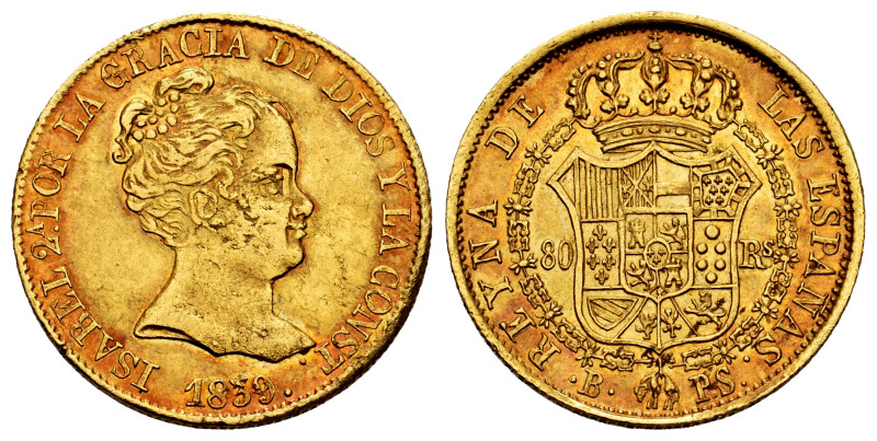 Elizabeth II (1833-1868). 80 reales. 1839. Barcelona. PS. (Cal-704). Au. 6,75 g....