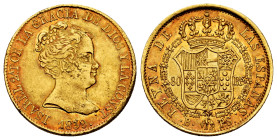 Elizabeth II (1833-1868). 80 reales. 1839. Barcelona. PS. (Cal-704). Au. 6,75 g. Small planchet flaws on obverse. Minor scratches on edge. Lightly ora...