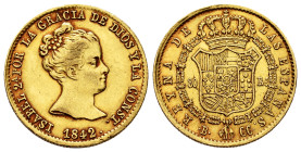Elizabeth II (1833-1868). 80 reales. 1842. Barcelona. CC. (Cal-709). Au. 6,74 g. Beautiful color. Choice VF/Almost XF. Est...400,00. 

Spanish Descr...