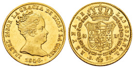 Elizabeth II (1833-1868). 80 reales. 1846. Barcelona. PS. (Cal-715). Au. 6,78 g. Original luster. Scarce in this condition. AU/Almost MS. Est...700,00...