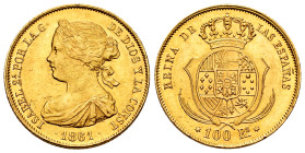 Elizabeth II (1833-1868). 100 reales. 1861. Madrid. (Cal-788). Au. 8,29 g. Original luster. AU/Almost MS. Est...500,00. 

Spanish Description: Isabe...