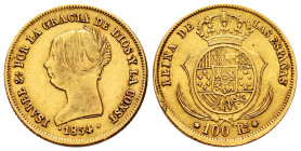 Elizabeth II (1833-1868). 100 reales. 1854. Sevilla. (Cal-795). Au. 8,32 g. Choice VF. Est...450,00. 

Spanish Description: Isabel II (1833-1868). 1...