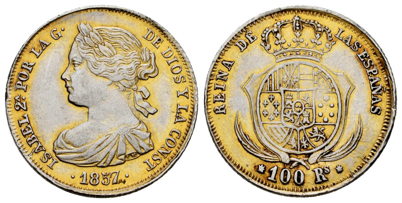 Elizabeth II (1833-1868). 100 reales. 1857. Sevilla. (Cal-798 var). 8,32 g. Cont...