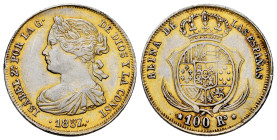Elizabeth II (1833-1868). 100 reales. 1857. Sevilla. (Cal-798 var). 8,32 g. Contemporary counterfeit in platinum. VF. Est...450,00. 

Spanish Descri...