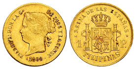 Elizabeth II (1833-1868). 1 peso. 1868. Manila. (Cal-833). Au. 1,54 g. Minor nick on obverse. Hairline. Choice VF/Almost XF. Est...300,00. 

Spanish...