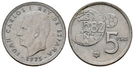 Juan Carlos I (1975-2014). 5 pesetas. 1975*80. Madrid. (Cal-40). 5,77 g. World Cup error. AU. Est...150,00. 

Spanish Description: Juan Carlos I (19...