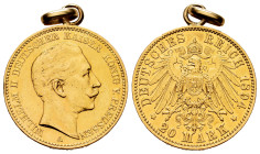 Germany. Wilhelm II (1888-1918). 20 mark. 1894. Berlin. A. (Km-3831). (Jaeger-252). Au. 8,26 g. With ring. Knock on edge. Choice VF. Est...375,00. 
...