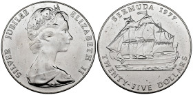 Bermuda. 25 dollars. 1977. (Km-25). Ag. 54,93 g. 25th Anniversary of the Reign. Almost MS. Est...50,00. 

Spanish Description: Bermuda. 25 dollars. ...