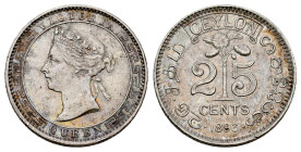 Ceylan. Victoria Queen. 25 cents. 1893. (Km-95). Ag. 2,89 g. Almost XF. Est...25,00. 

Spanish Description: Ceylan. Victoria. 25 cents. 1893. (Km-95...