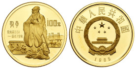 China. 100 yuan. 1985. (Km-125). (Fr-17). Au. 11,24 g. Minimal hairlines. Confucius. PROOF. Est...650,00. 

Spanish Description: China. 100 yuan. 19...
