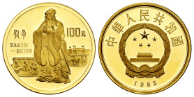 China. 100 yuan. 1985. (Km-125). (Fr-17). Au. 11,26 g. Minimal hairlines. Confucius. PROOF. Est...650,00. 

Spanish Description: China. 100 yuan. 19...