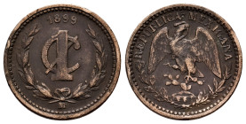 Mexico. 1 centavo. 1899. (Km-394.1). Ae. 2,94 g. Minor nicks on edge. Rare. Almost VF. Est...180,00. 

Spanish Description: México. 1 centavo. 1899....
