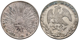 Mexico. 8 reales. 1883. Guanajuato. RR. (Km-377.8). Ag. 27,00 g. Clear overdate. It retains some minor luster. Choice VF. Est...60,00. 

Spanish Des...