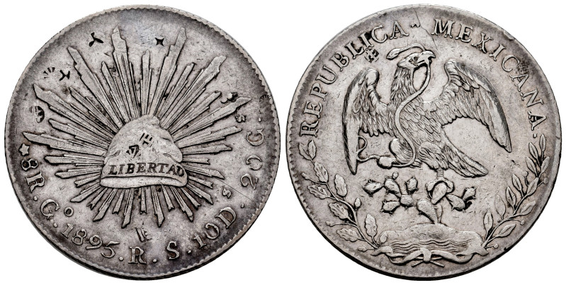 Mexico. 8 reales. 1895. Guanajuato. RS. (Km-377.8). Ag. 26,94 g. Chop marks. Cle...
