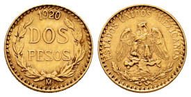 Mexico. 2 pesos. 1920. Mexico. (Km-463). Au. 1,69 g. Choice VF. Est...100,00. 

Spanish Description: México. 2 pesos. 1920. México. (Km-463). Au. 1,...