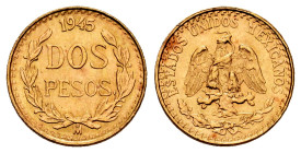 Mexico. 2 pesos. 1920. Mexico. (Km-461). Au. 1,67 g. XF. Est...100,00. 

Spanish Description: México. 2 pesos. 1945. México. (Km-461). Au. 1,67 g. E...