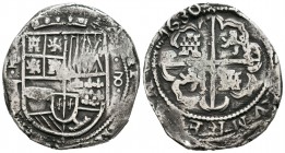Felipe IV (1621-1665). 8 reales. Potosí. T. (Cal-tipo 113). Ag. 28,04 g. Fecha 1630 manipulada en su totalidad. MBC-. Est...90,00.