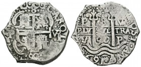 Carlos II (1665-1700). 8 reales. 1690. Potosí. VR. (Cal-376). Ag. 24,57 g. Triple fecha y doble ensayador. Nombre del rey visible. Fundida. MBC-. Est....