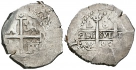 Carlos II (1665-1700). 8 reales. 1693. Lima. V. (Cal-236). Ag. 27,36 g. Nombre del rey parcialmente visible. Buen ejemplar. MBC+. Est...350,00.