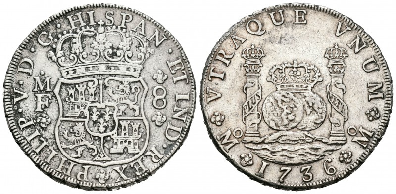 Felipe V (1700-1746). 8 reales. 1736. México. MF. (Cal-780). Ag. 26,63 g. Limpia...