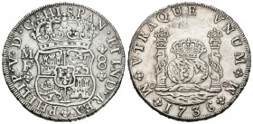 Felipe V (1700-1746). 8 reales. 1736. México. MF. (Cal-780). Ag. 26,63 g. Limpiada. Golpes en el canto. Escasa. MBC/MBC+. Est...220,00.